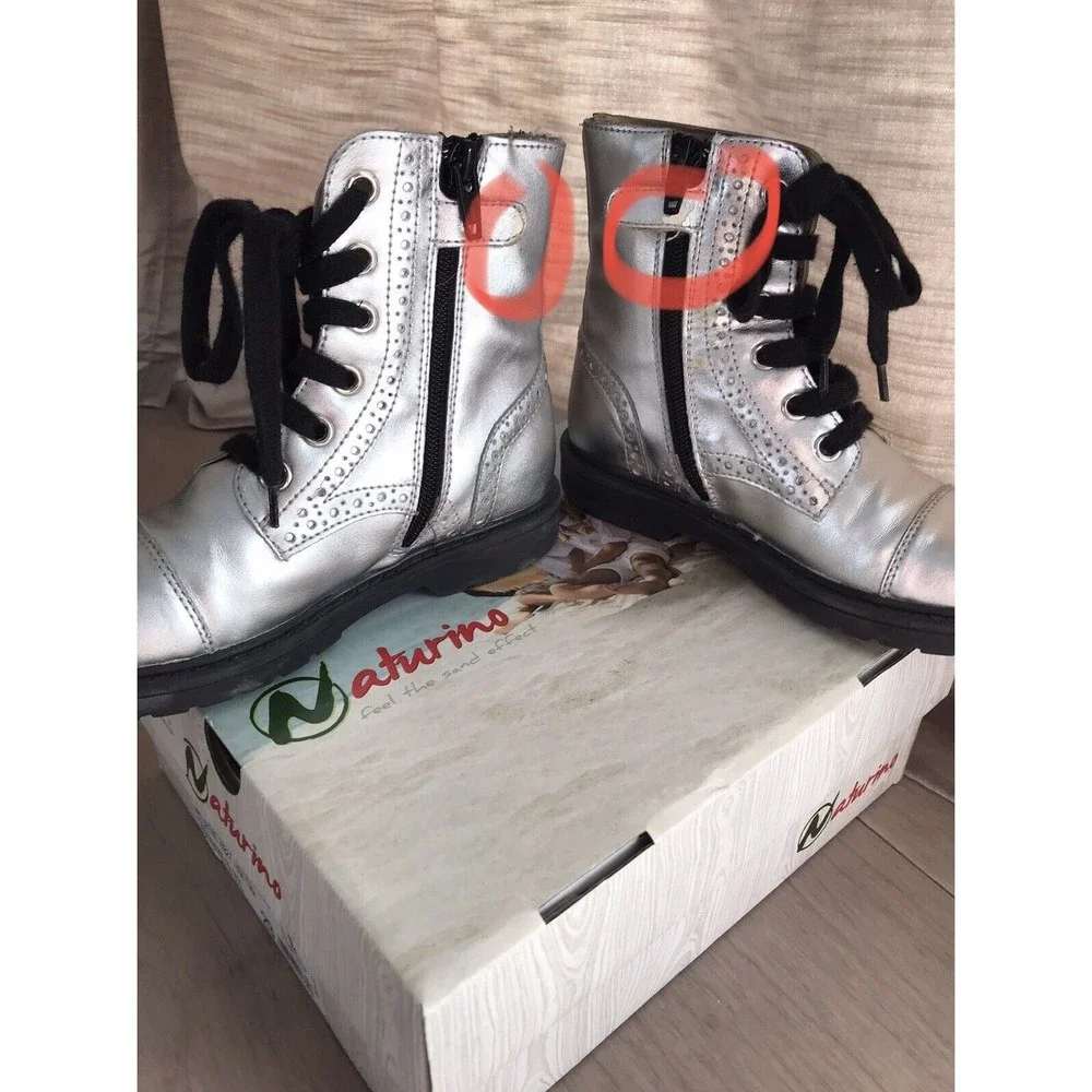 NATURINO Metallic Silver Brogued  Boots Girl Toddlers Size 28 Us 11 Zipper